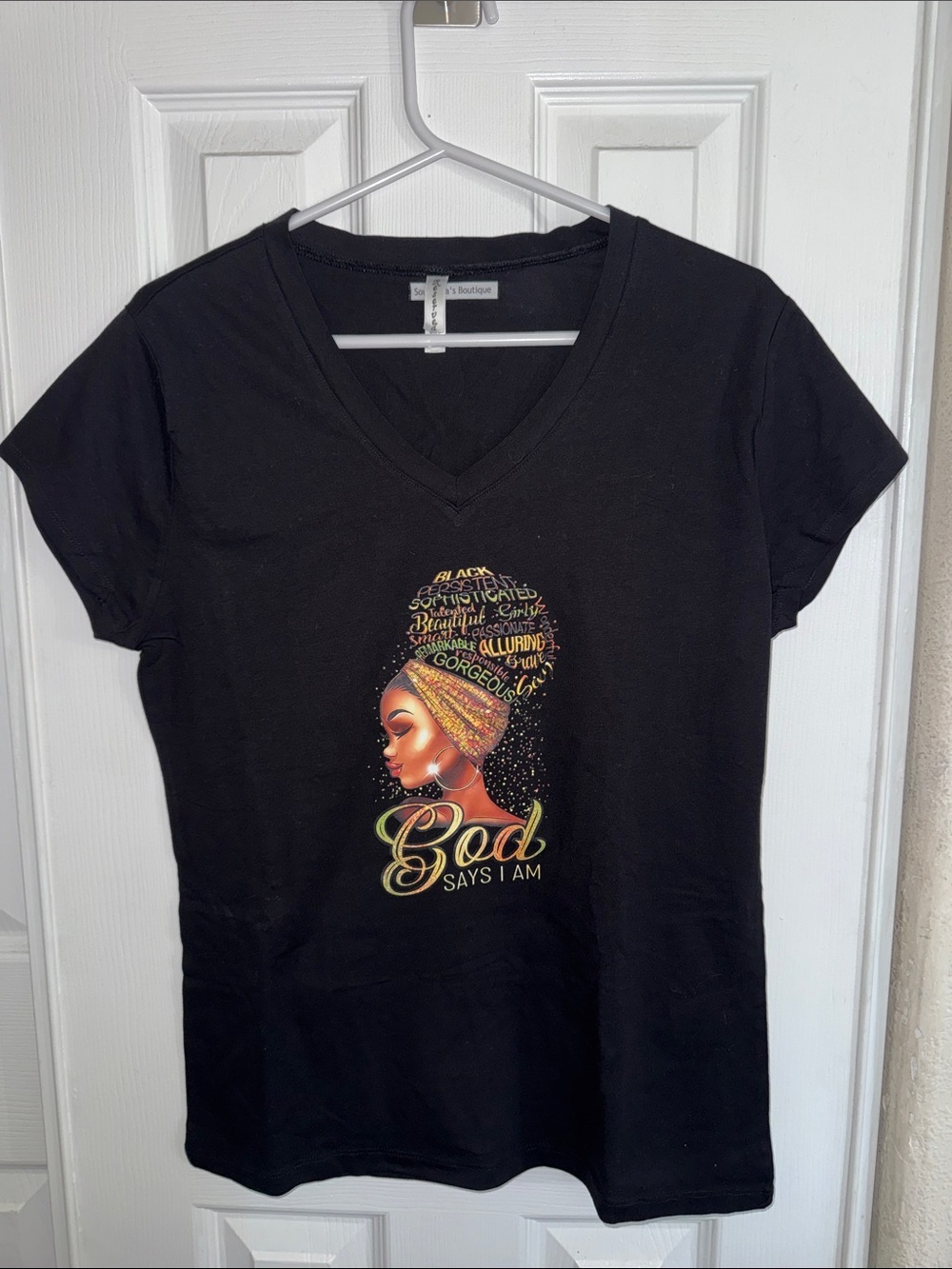 Reserved Black V-Neck Tee with Gold Graphic — 'God Says I Am' - Picture 1 of 5
